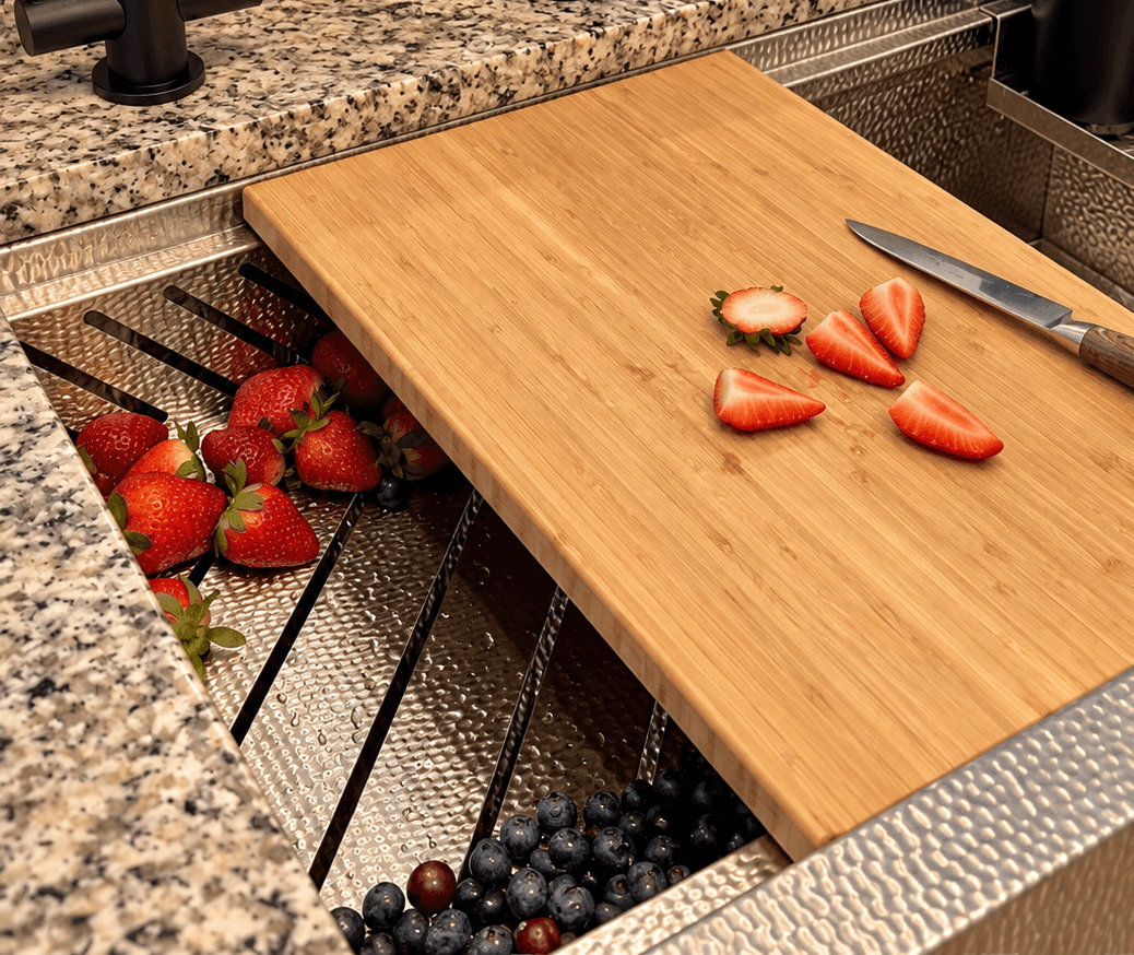 Pro Cutting Board & Micro Hammered Stainless Drop In Strainer
